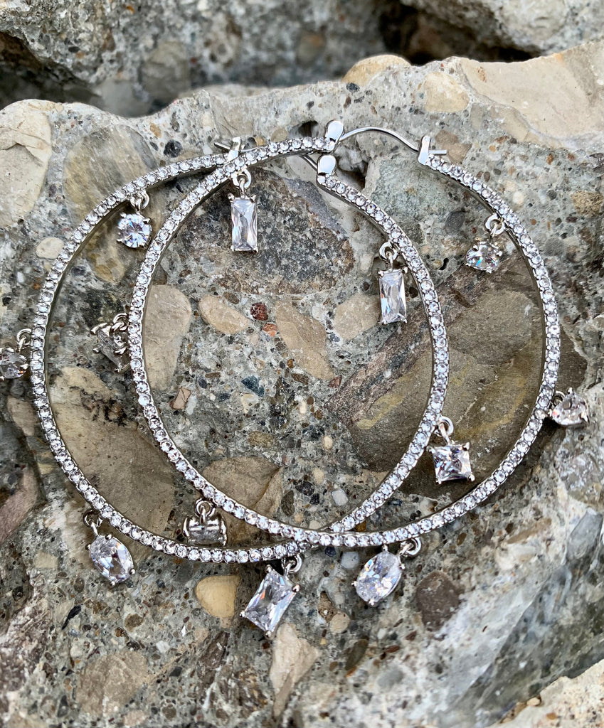 Vince Camuto Silver Metallic Jeweled Charm Hoop Earrings