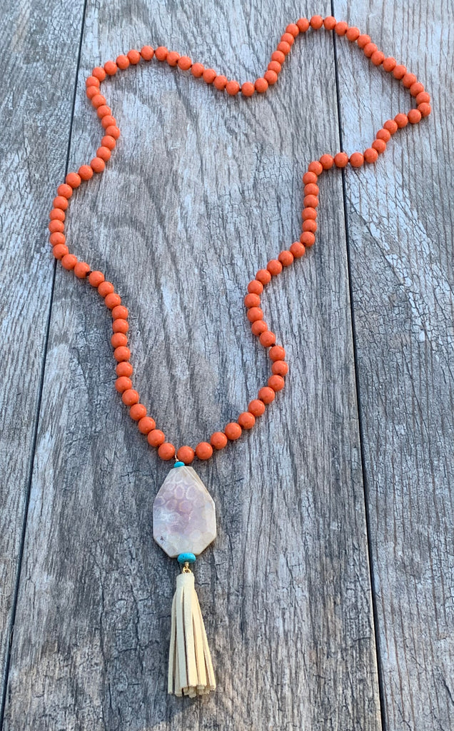 Melon Jade Beaded Leather Tassel Necklace