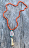 Melon Jade Beaded Leather Tassel Necklace