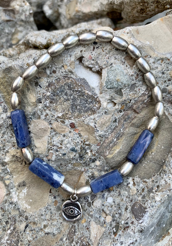 Alex and Ani Evil Eye Charm & Sodalite Stretch Beaded Bracelet