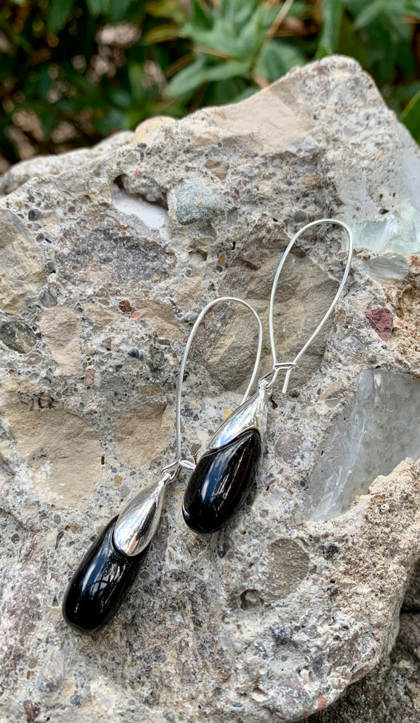 Chic Silver Black Bead Dangle Earrings
