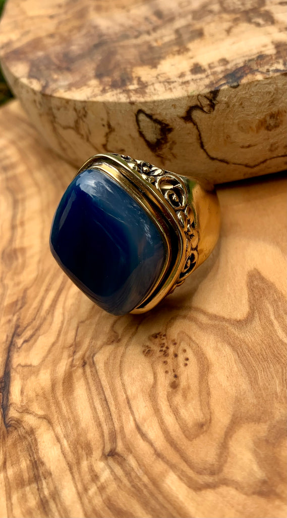 Blue Agate & Bronze Scrolled Ring Size 9