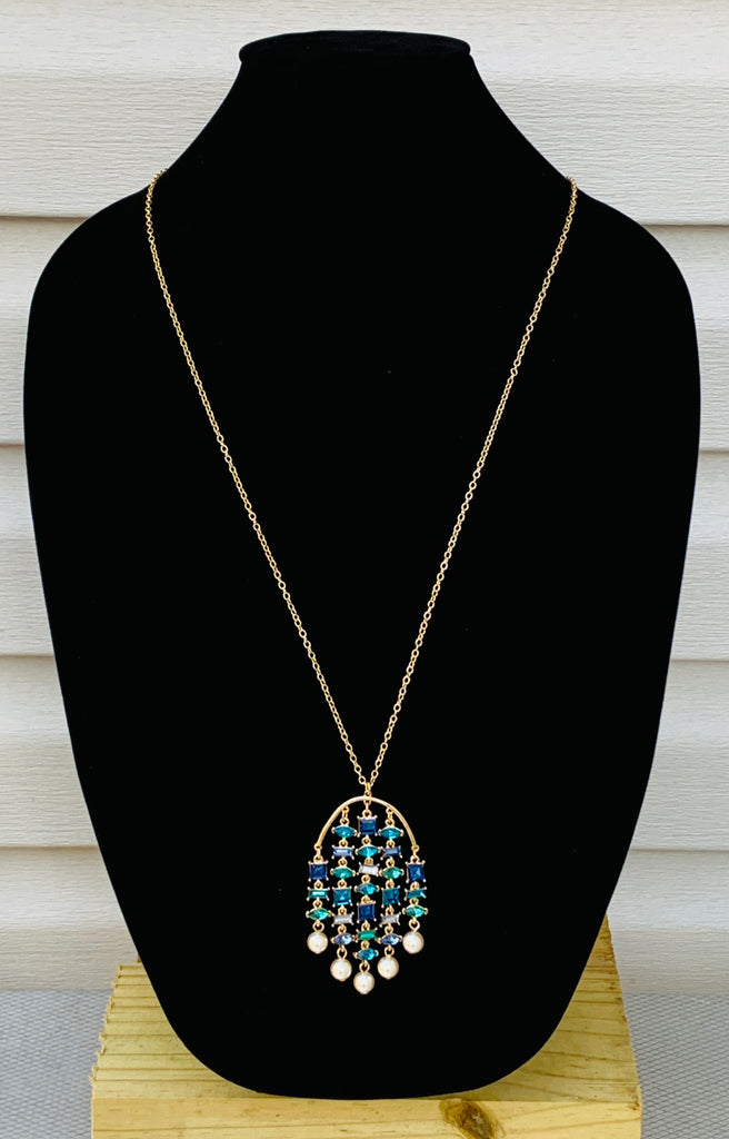 Metallic Multi-Layered Blue Jeweled Chandelier Necklace