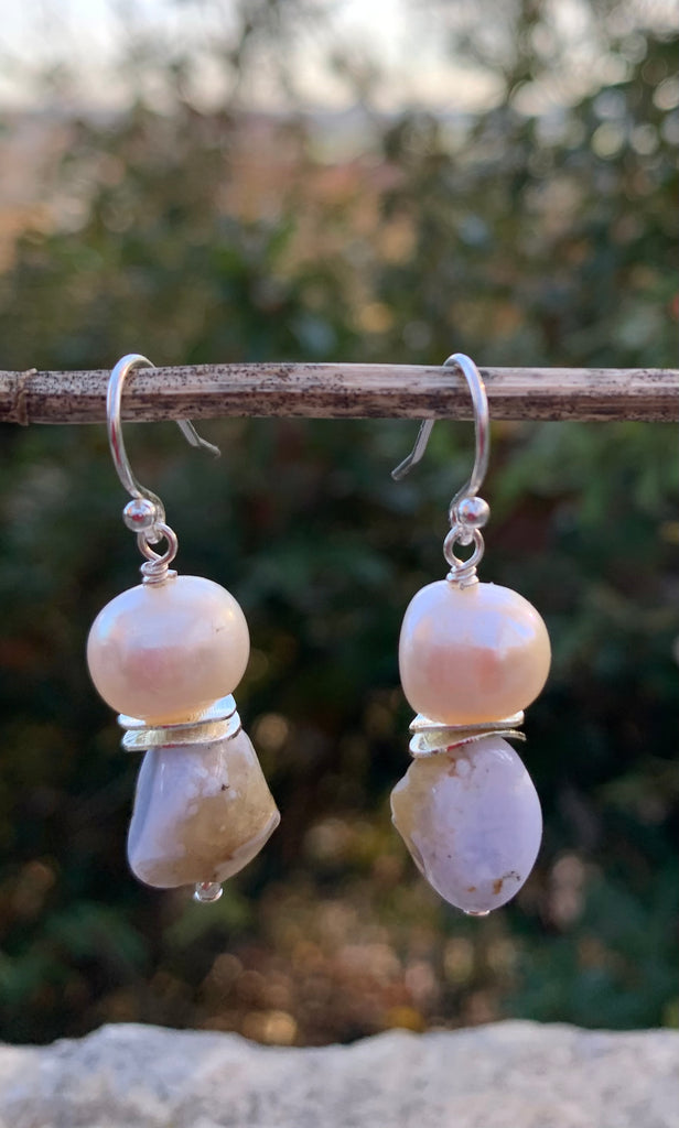 A Drop of Pearl & Light Blue Lace Agate Earrings