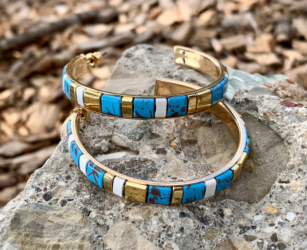 Turquoise Magnesite & White Bronze Hoop Earrings