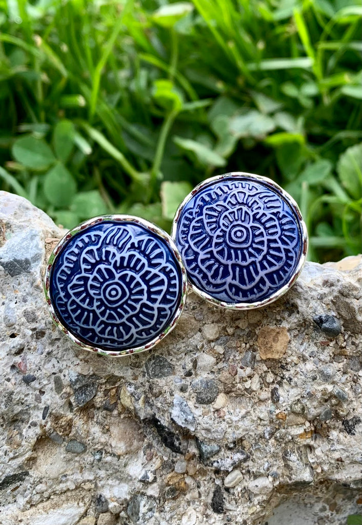 Blue Floral & Silver Button Clip-On Earrings