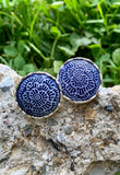 Blue Floral & Silver Button Clip-On Earrings