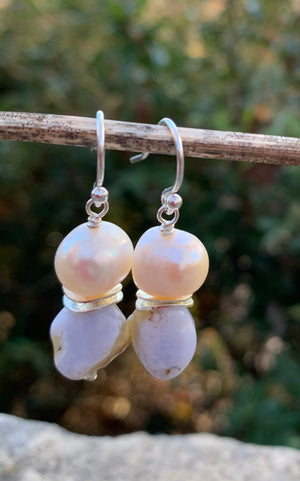A Drop of Pearl & Light Blue Lace Agate Earrings