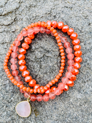Barse Pink, Melon, Cherry Quartz & Crystal Triple Strand Beaded Bracelet