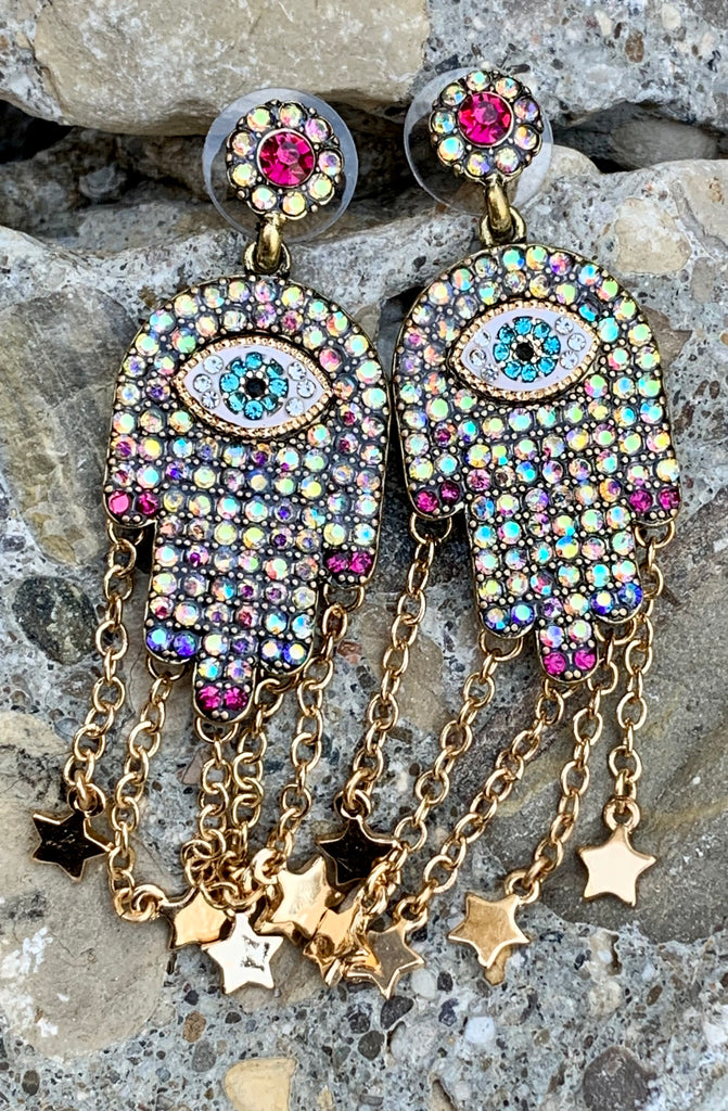 Betsey Johnson Evil Eye Multi-Color Stone Hamsa Hand Earrings