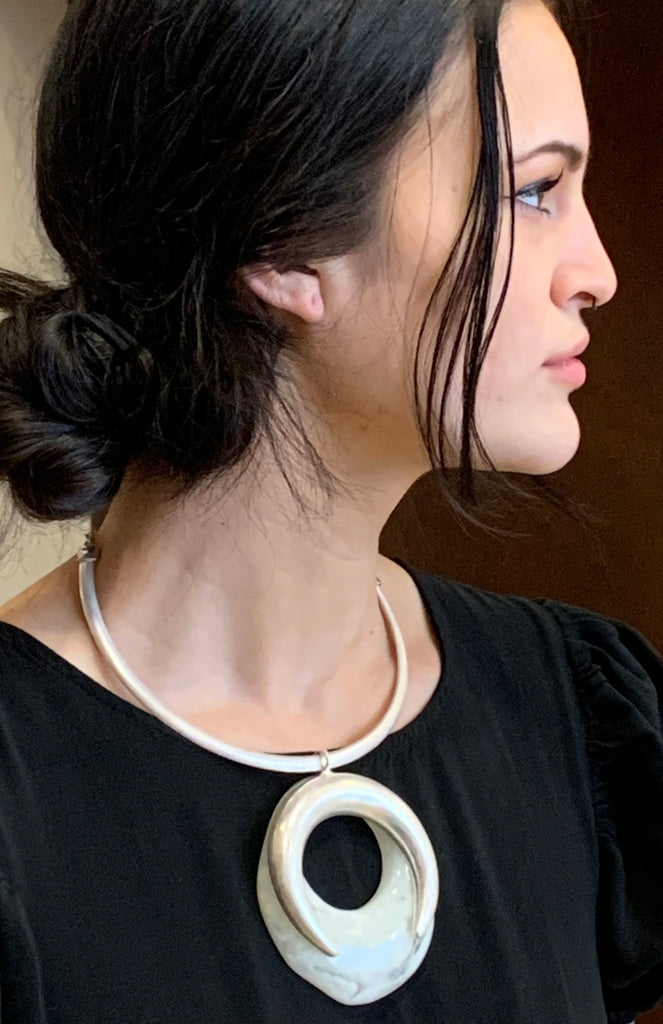 Brushed Silver Horseshoe Resin Pendant Necklace