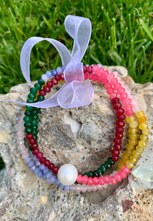 Multi-Color Gemstone & Freshwater Pearl 3-Strand Bracelet