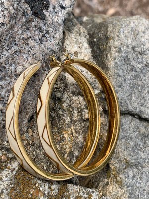 Vince Camuto Chevron Off White & Gold Enameled Large Hoop Earrings