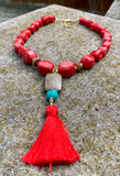 Red Sea Bamboo Bronze and Bronzite Red Tassel Pendant Necklace