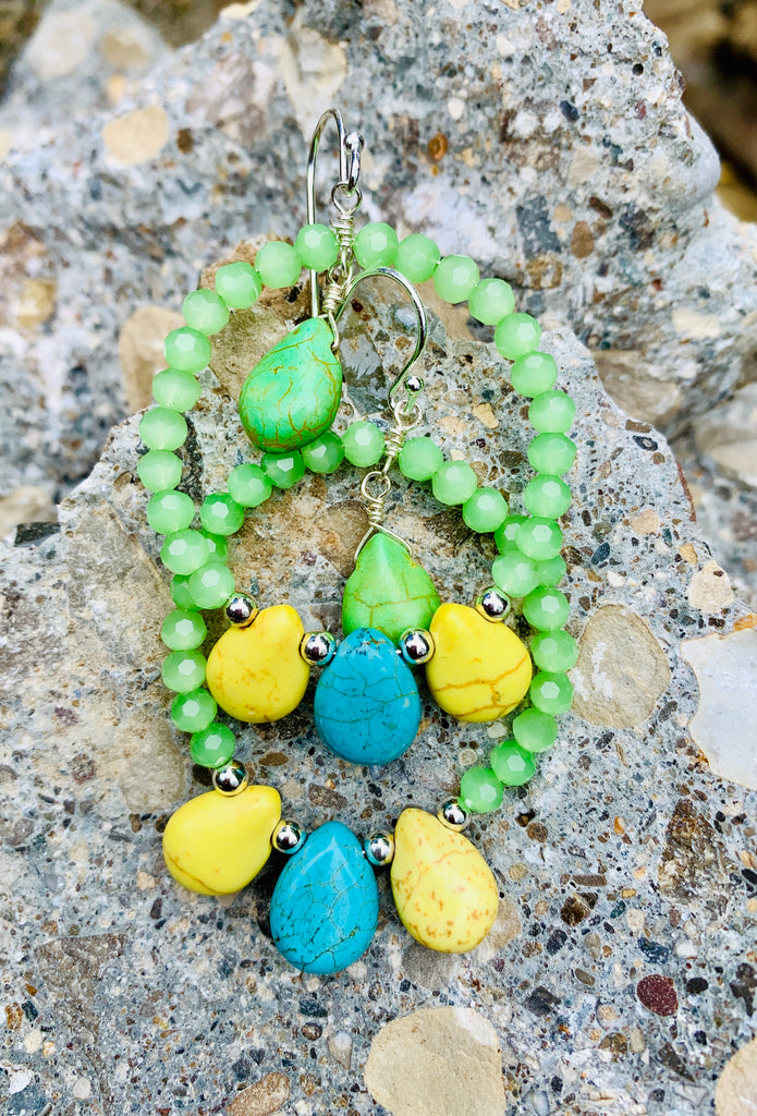 Sterling Silver Lime Turquoise & Magnesite Forward Facing Hoop Earrings