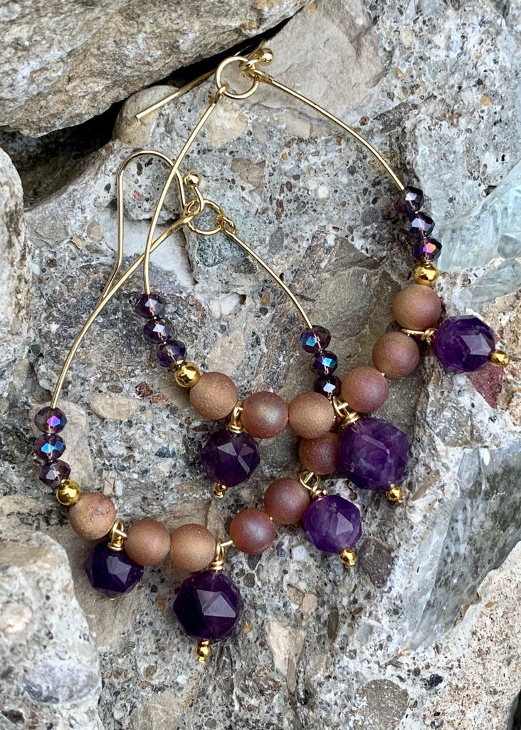 Lavender Amethyst & Crystal Forward Facing Bronze Hoop Earrings