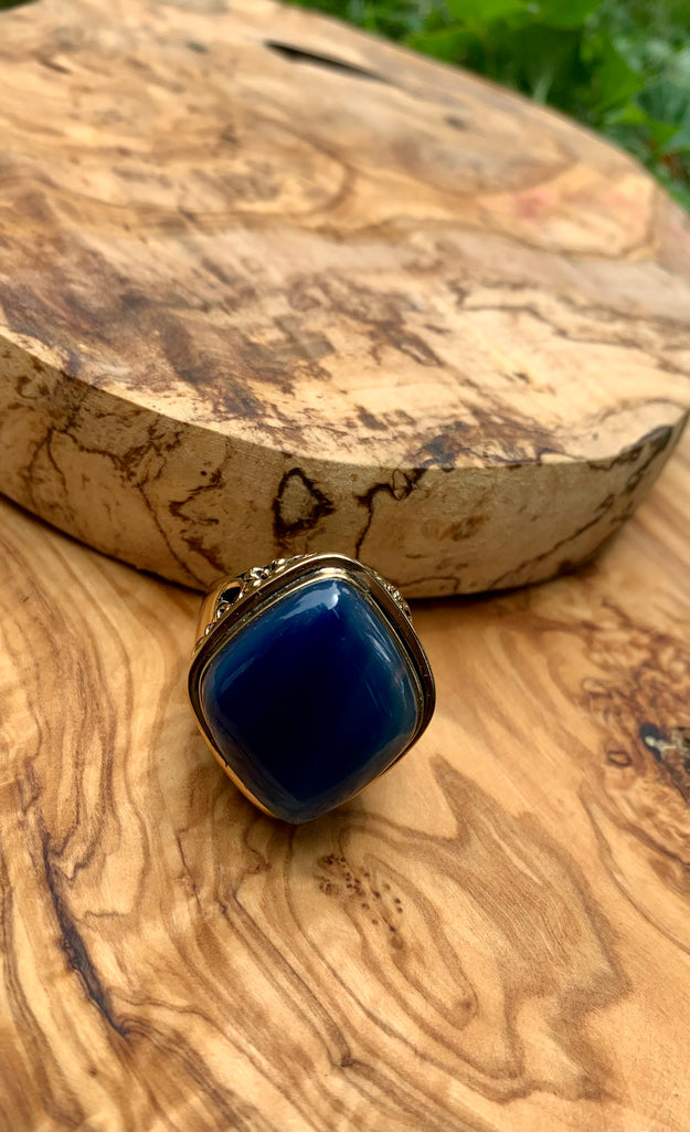Blue Agate & Bronze Scrolled Ring Size 9