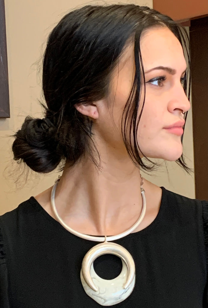 Brushed Silver Horseshoe Resin Pendant Necklace