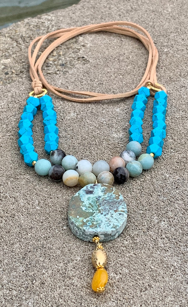 Double Leather Strand Bronze & Amazonite Pendant Necklace