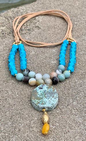 Double Leather Strand Bronze & Amazonite Pendant Necklace