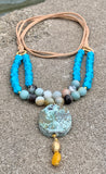 Double Leather Strand Bronze & Amazonite Pendant Necklace