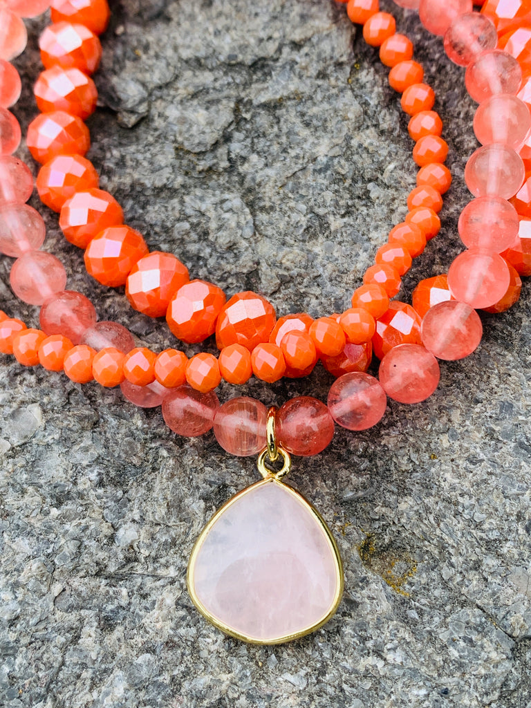 Barse Pink, Melon, Cherry Quartz & Crystal Triple Strand Beaded Bracelet