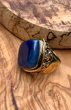 Blue Agate & Bronze Scrolled Ring Size 9