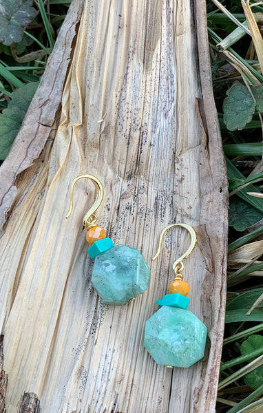 Barse Bronze and Turquoise Heart Drop Earrings - Gold