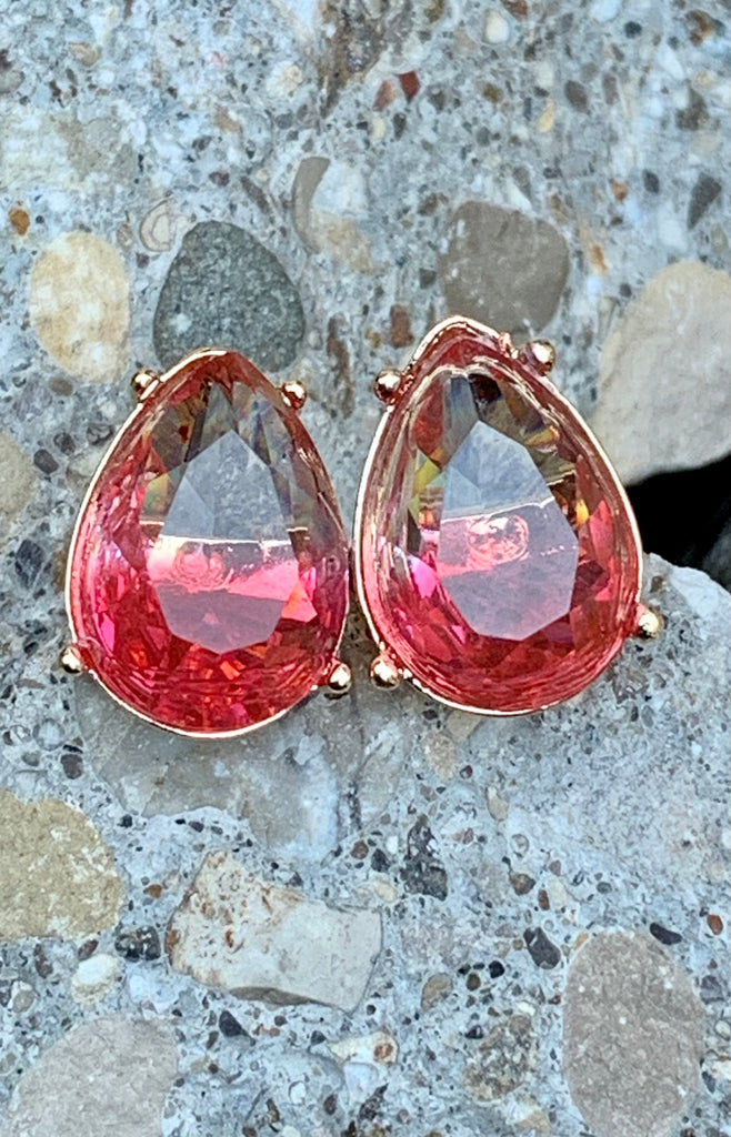 Teardrop Translucent Pink & Crystal Stud Earrings