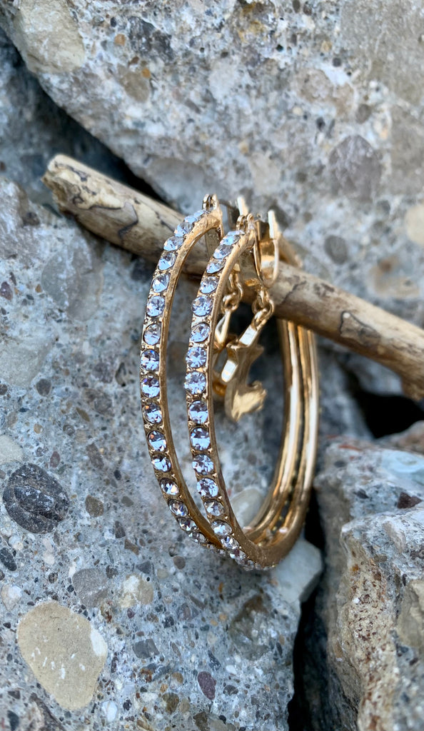 Betsey Johnson Celestial Star Pave Gold Hoop Earrings