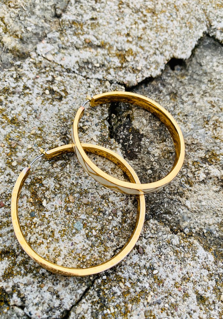 Vince Camuto Chevron Off White & Gold Enameled Large Hoop Earrings