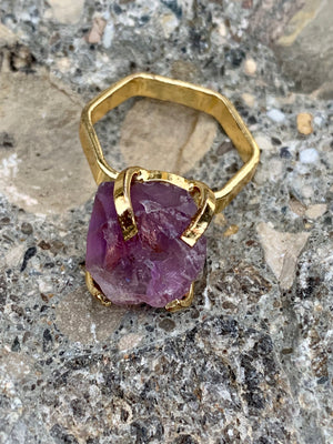Lucky 6 Gold Plated Raw Amethyst Nugget Ring