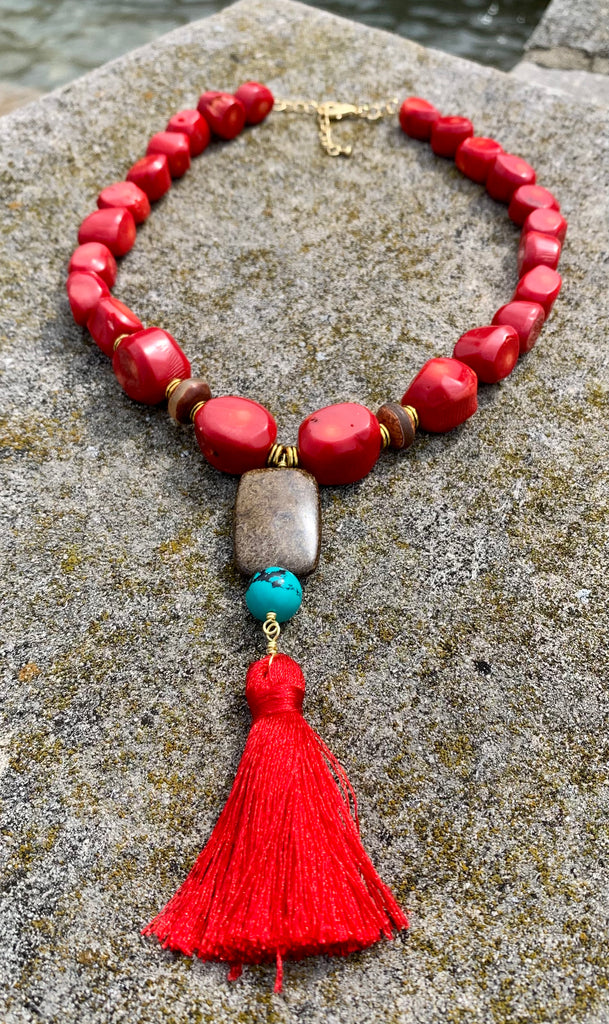 Red Sea Bamboo Bronze and Bronzite Red Tassel Pendant Necklace