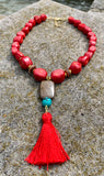 Red Sea Bamboo Bronze and Bronzite Red Tassel Pendant Necklace