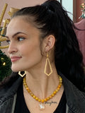 Yellow Pearl & Hematite Gold Hammered Geometric Shaped Earrings