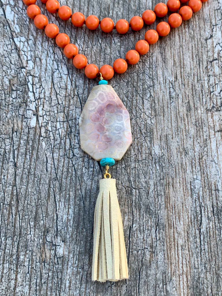 Melon Jade Beaded Leather Tassel Necklace