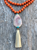 Melon Jade Beaded Leather Tassel Necklace