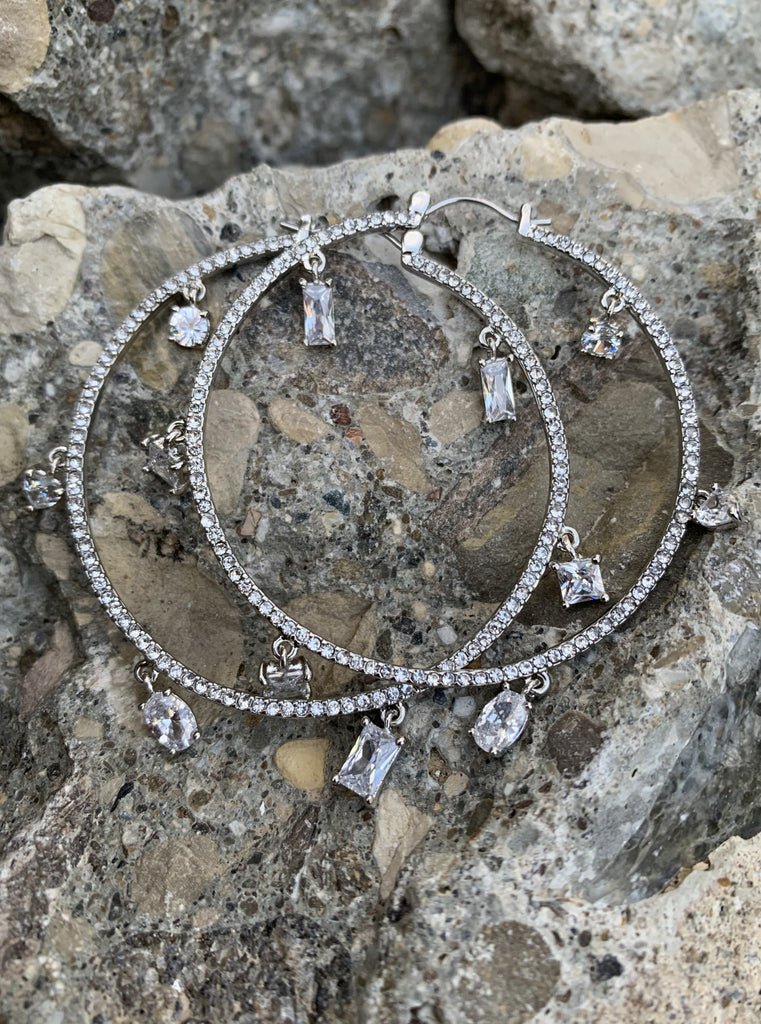 Vince Camuto Silver Metallic Jeweled Charm Hoop Earrings