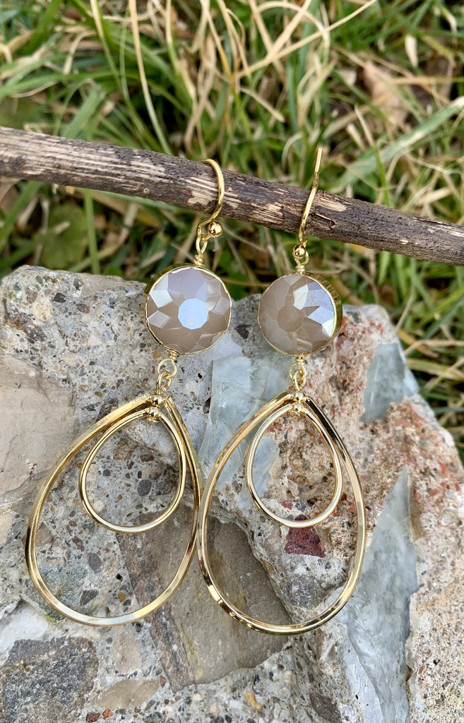 Moonstone Grey Crystal Double Hoop Drop Earrings