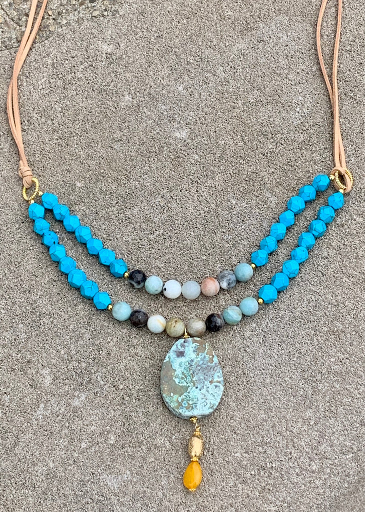 Double Leather Strand Bronze & Amazonite Pendant Necklace