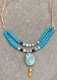 Double Leather Strand Bronze & Amazonite Pendant Necklace