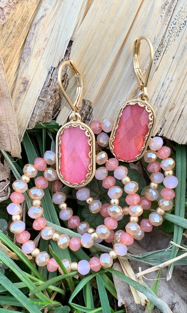 Pink Stone & Beaded Double Hoop Earrings