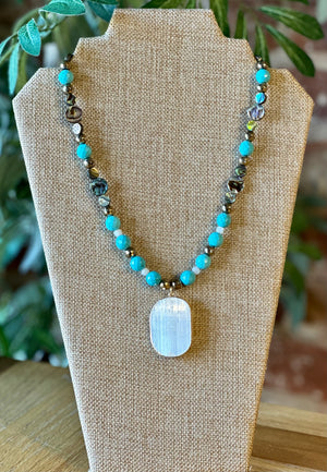 Abalone and Turquoise Magnesite Selenite Pendant Necklace