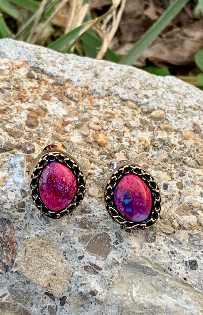 Purple Turquoise & Bronze Stud Earrings