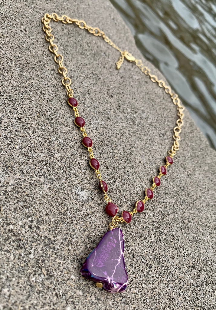 Purple Jasper and Enamel Rosary Bronze Chain Necklace