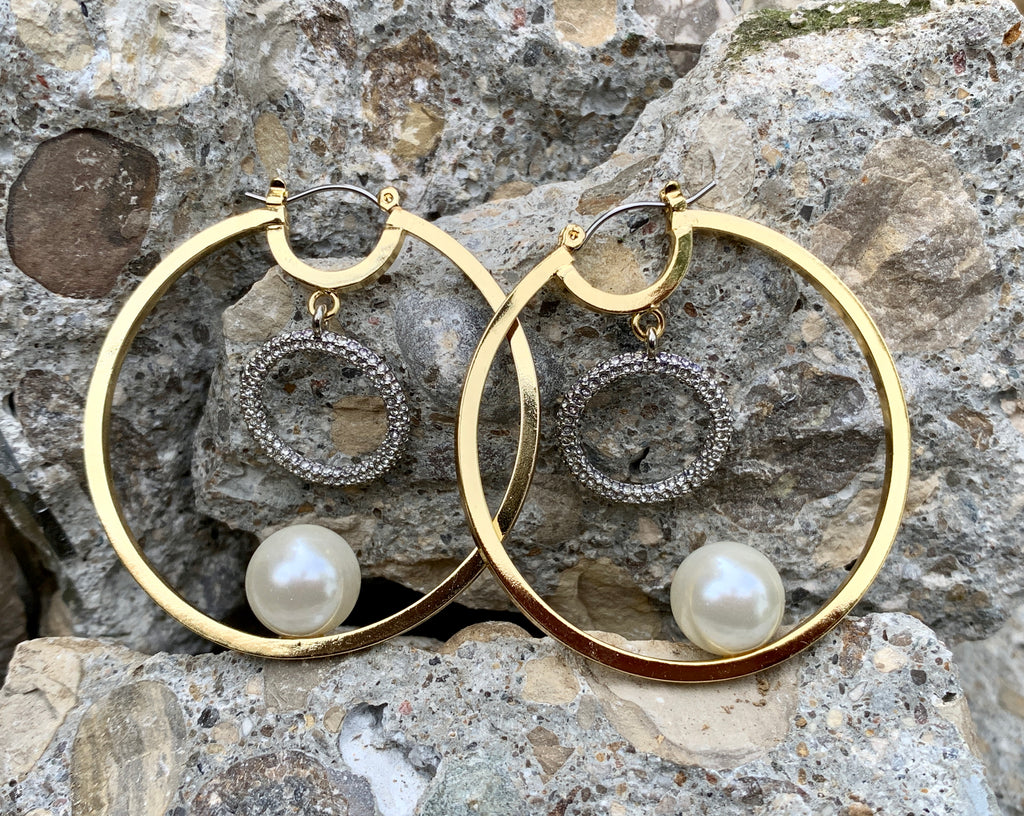 Vince Camuto Gold-Tone Crystal Pave Hoop Earrings with Pearl Drop