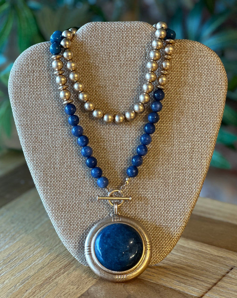 Brushed Gold Mixed Media Semi-Precious Pendant Necklace