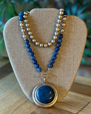 Brushed Gold Mixed Media Semi-Precious Pendant Necklace