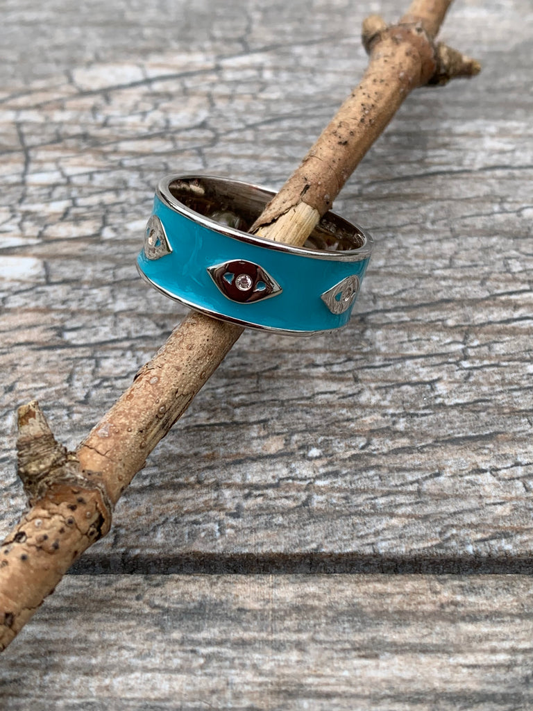 Sterling Silver & Blue Enamel Evil Eye Eternity Ring Size 8