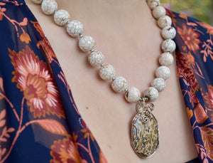 Vintage White Turquoise Sterling Silver Gemstone Beaded Necklace & Leopard Jasper Pendant